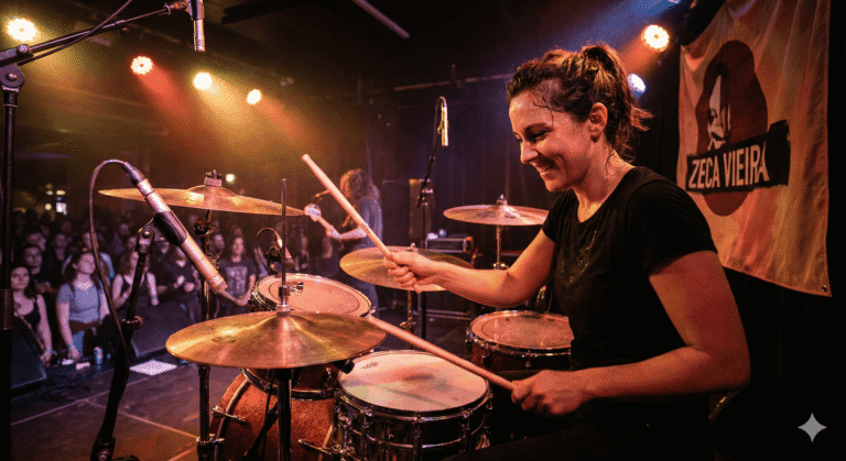Baterista mulher sorrindo e tocando com energia em um palco iluminado, segurando as baquetas firmemente enquanto ataca a caixa e o chimbal. Ao fundo, vê-se uma bandeira com o logo "Zeca Vieira"