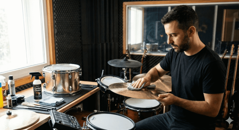 Professor Zeca Vieira limpando um prato de bateria com flanela no estúdio, ilustrando o passo a passo de como limpar bateria e fazer a manutenção preventiva do instrumento.