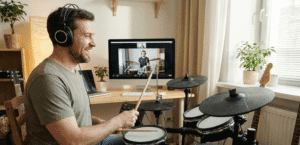 Aluno adulto sorrindo enquanto toca bateria eletrônica em seu home office durante uma aula de bateria online.