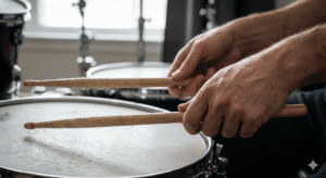 Foto em close-up das mãos de um baterista demonstrando a pegada Matched Grip sobre a caixa, técnica fundamental ensinada na aula de bateria iniciante.