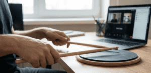 Mãos de um aluno segurando baquetas sobre um pad de estudos durante uma aula de bateria online com notebook ao fundo.