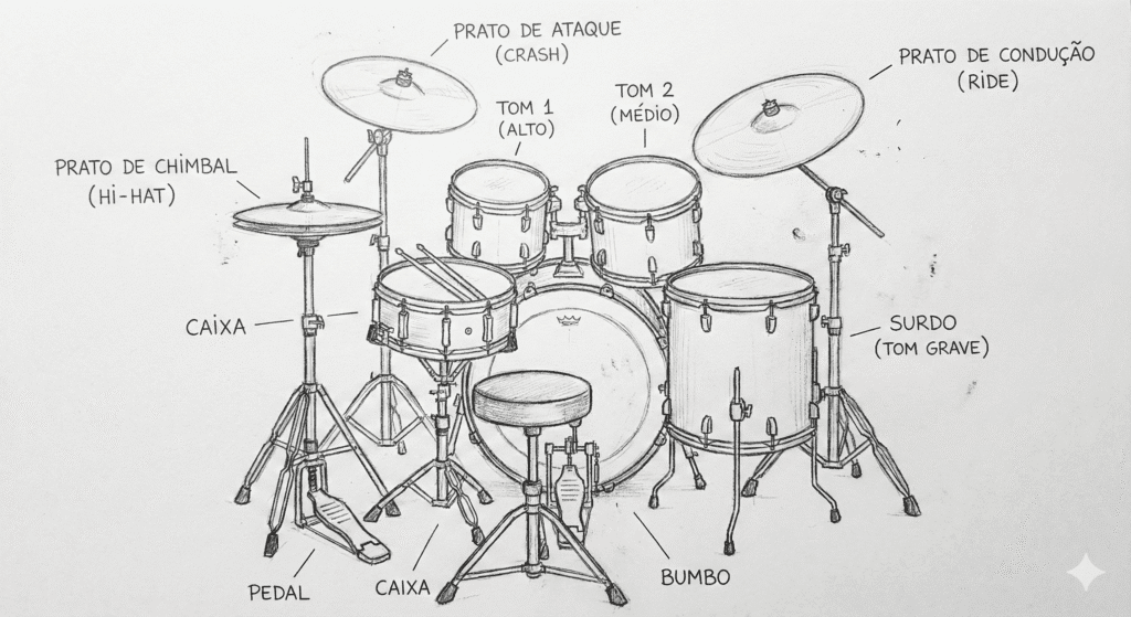 Diagrama ilustrativo nomeando as peças do instrumento, material essencial para a primeira aula de bateria iniciante