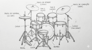 Diagrama ilustrativo nomeando as peças do instrumento, material essencial para a primeira aula de bateria iniciante