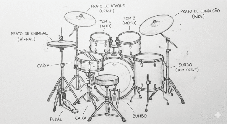 Diagrama ilustrativo nomeando as peças do instrumento, material essencial para a primeira aula de bateria iniciante