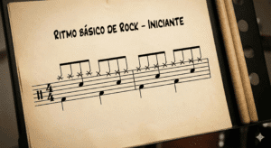 Partitura sobre estante mostrando o ritmo básico de Rock, exercício prático essencial na sua primeira aula de bateria iniciante.
