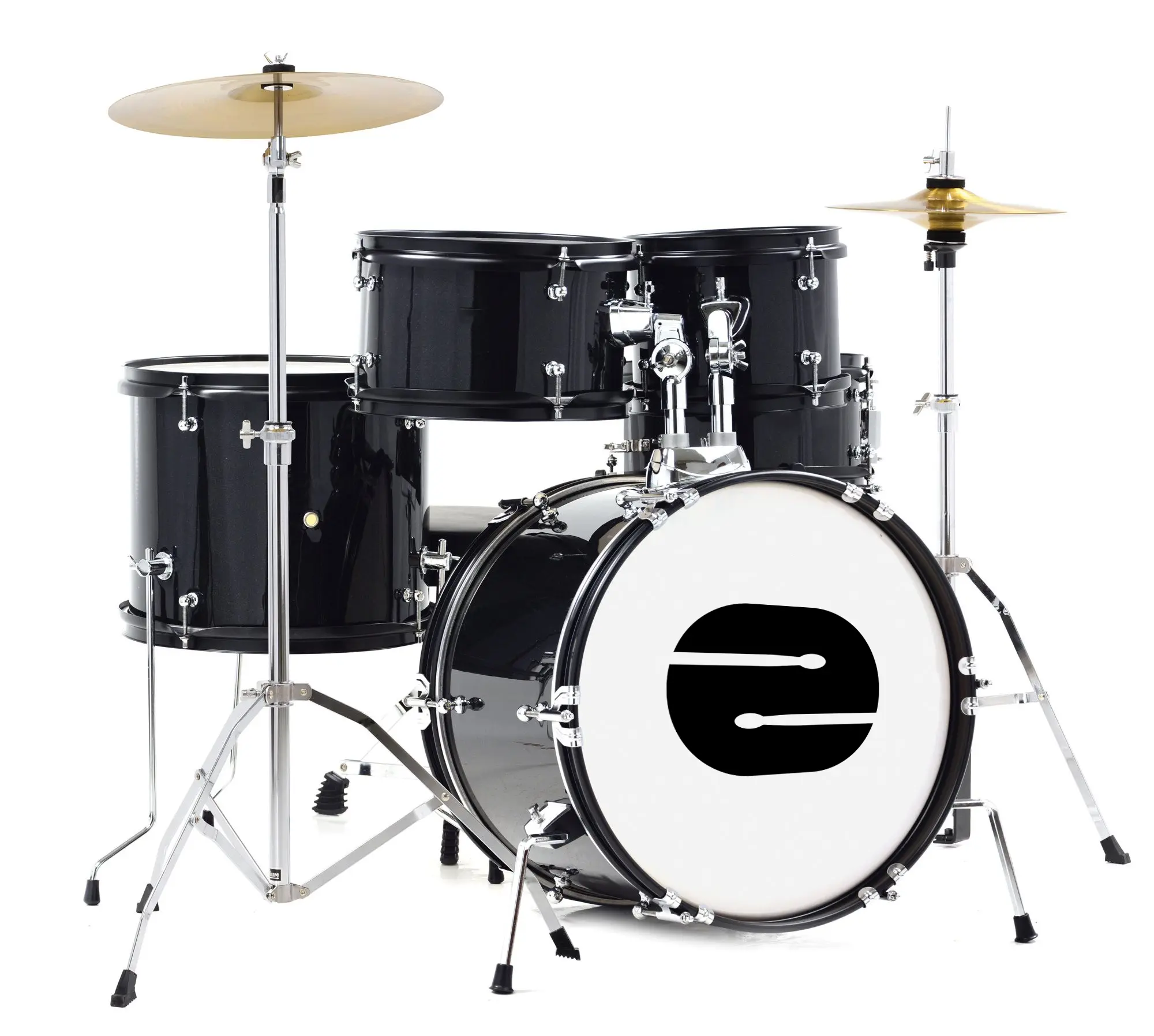 Bateria acústica completa na cor preta, montada com pratos e bumbo, pronta para as aulas de bateria.