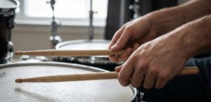 Foto em close-up das mãos de um baterista demonstrando a pegada Matched Grip sobre a caixa, técnica fundamental ensinada na aula de bateria iniciante.
