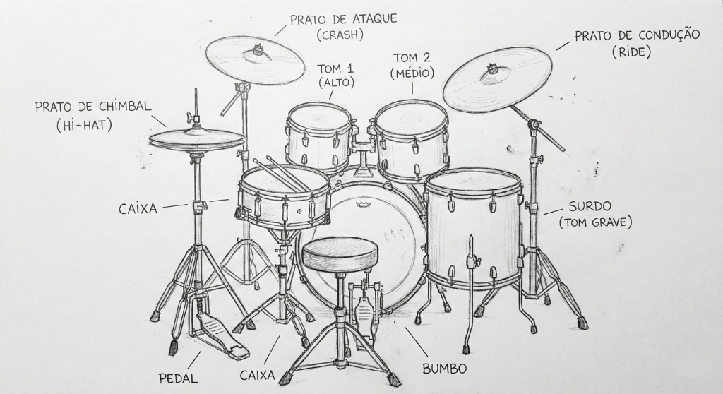 Diagrama ilustrativo nomeando as peças do instrumento, material essencial para a primeira aula de bateria iniciante.
